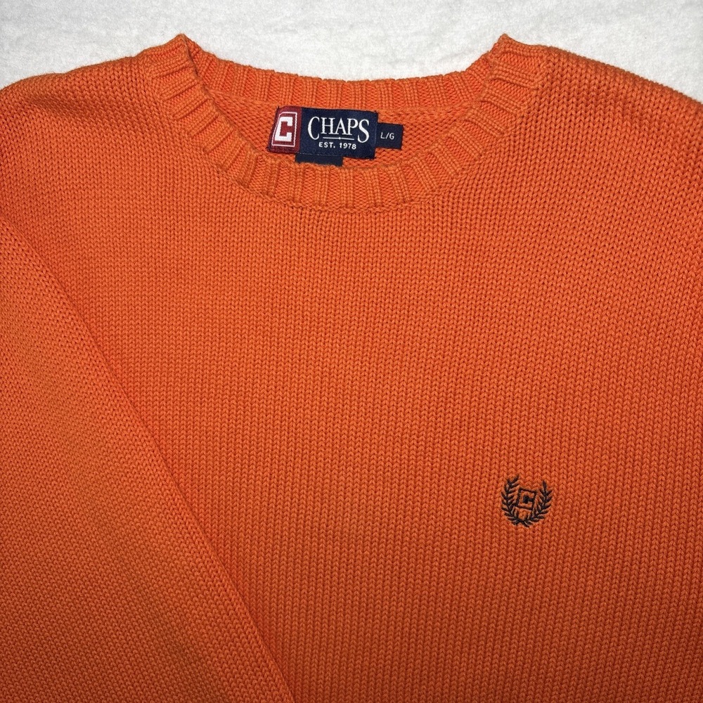 Chaps Men's L/G Orange Cotton Knit Crewneck Sweater Embroidered Logo Classic Fit